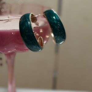 Vintage Teal Enamel Hoop Earrings with Gold Trim - Women Jewelry